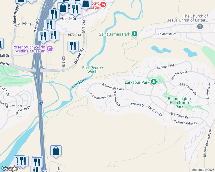 map of restaurants, bars, coffee shops, grocery stores, and more near 2162 San Juan Circle in St. George