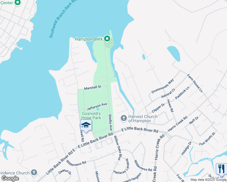 map of restaurants, bars, coffee shops, grocery stores, and more near 48 West Riverpoint Drive in Hampton