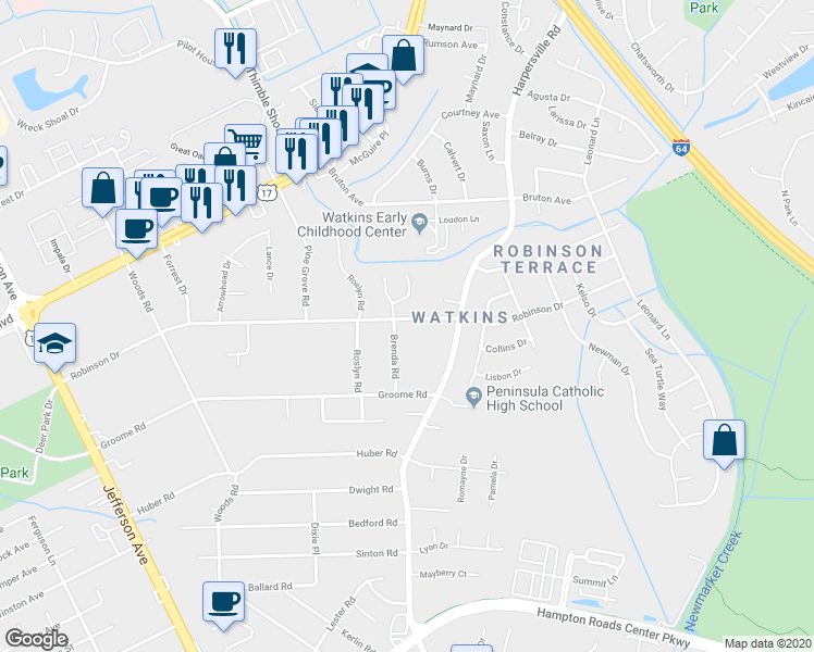 map of restaurants, bars, coffee shops, grocery stores, and more near 700 Gregorys Way in Newport News