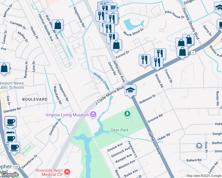 map of restaurants, bars, coffee shops, grocery stores, and more near 3 Rugby Road in Newport News