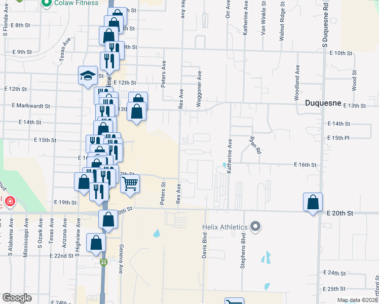 map of restaurants, bars, coffee shops, grocery stores, and more near 1429 Rex Avenue in Joplin