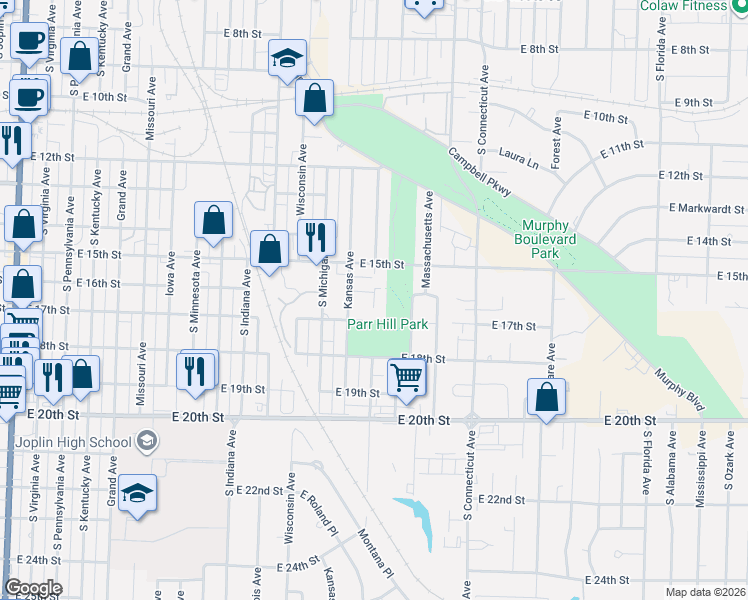 map of restaurants, bars, coffee shops, grocery stores, and more near 1505 East 16th Street in Joplin