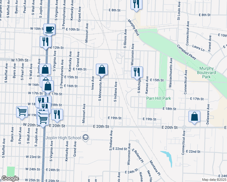 map of restaurants, bars, coffee shops, grocery stores, and more near 901-999 E 16th St in Joplin