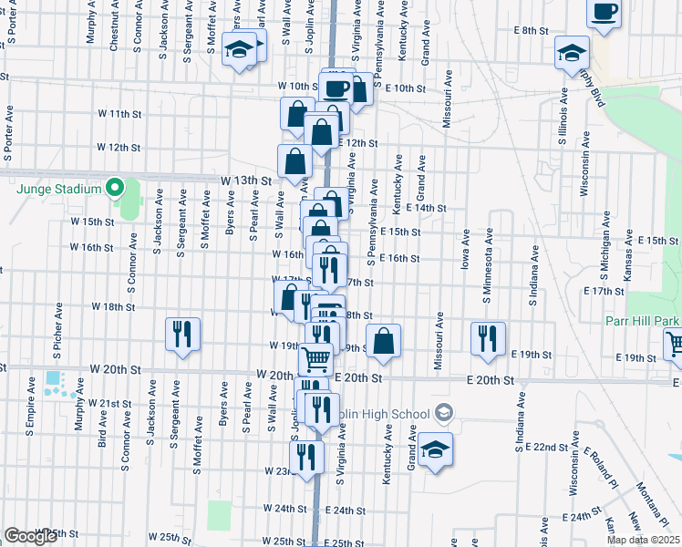 map of restaurants, bars, coffee shops, grocery stores, and more near 100-198 E 16th St in Joplin