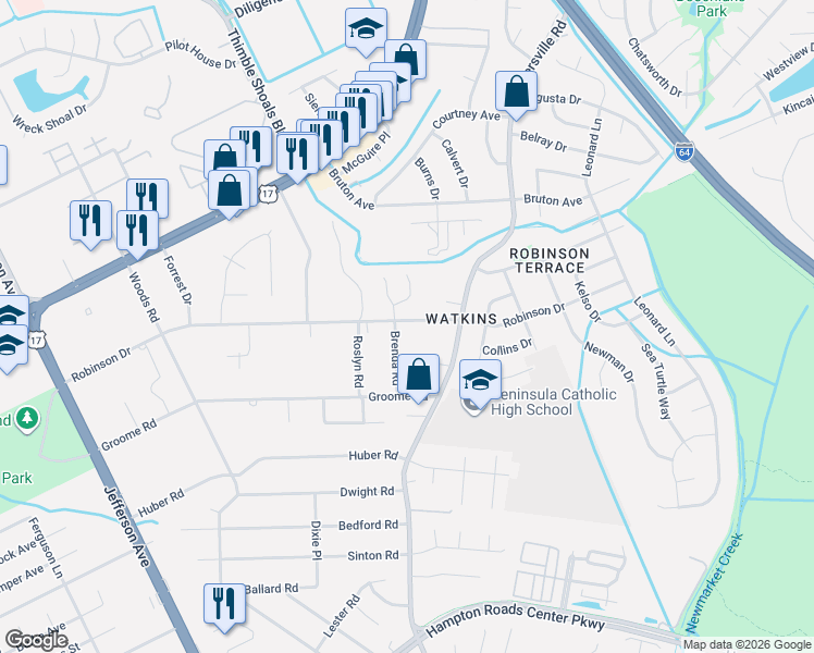 map of restaurants, bars, coffee shops, grocery stores, and more near 700 Gregorys Way in Newport News