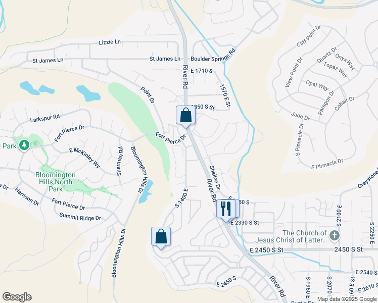 map of restaurants, bars, coffee shops, grocery stores, and more near 2045 South 1400 East in St. George