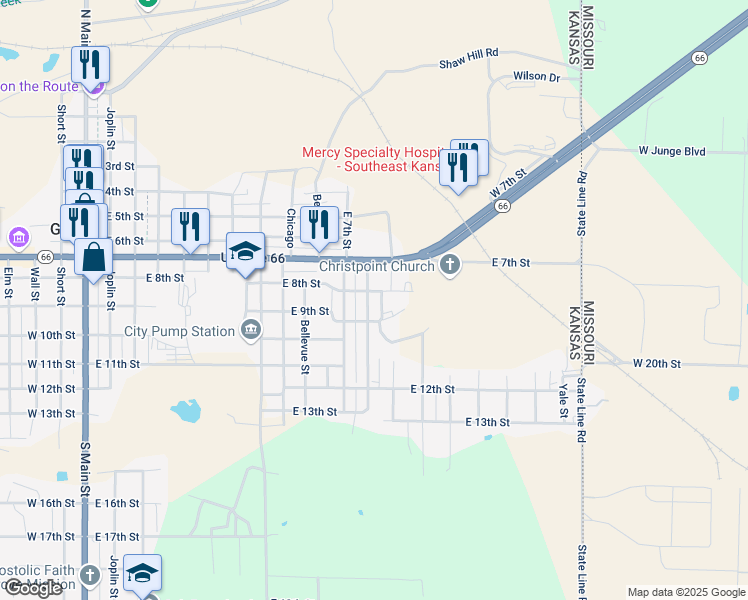 map of restaurants, bars, coffee shops, grocery stores, and more near 1101-1199 E 8th St in Galena