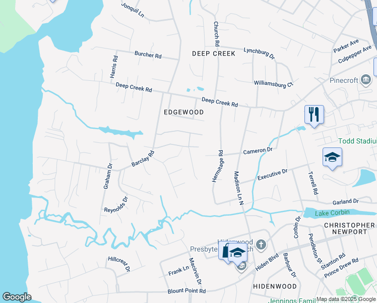 map of restaurants, bars, coffee shops, grocery stores, and more near 272 Barclay Road in Newport News