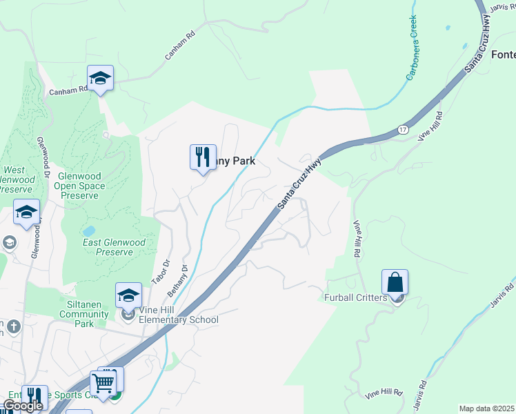 map of restaurants, bars, coffee shops, grocery stores, and more near 114 Sawyer Circle in Scotts Valley