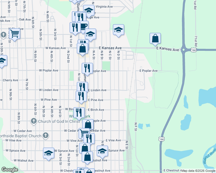 map of restaurants, bars, coffee shops, grocery stores, and more near 1022 N C St in Arkansas City