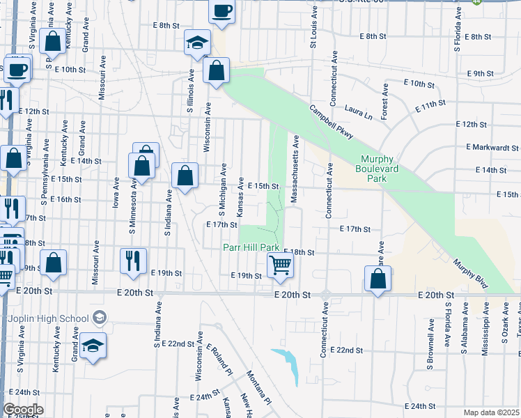 map of restaurants, bars, coffee shops, grocery stores, and more near 1505 East 16th Street in Joplin