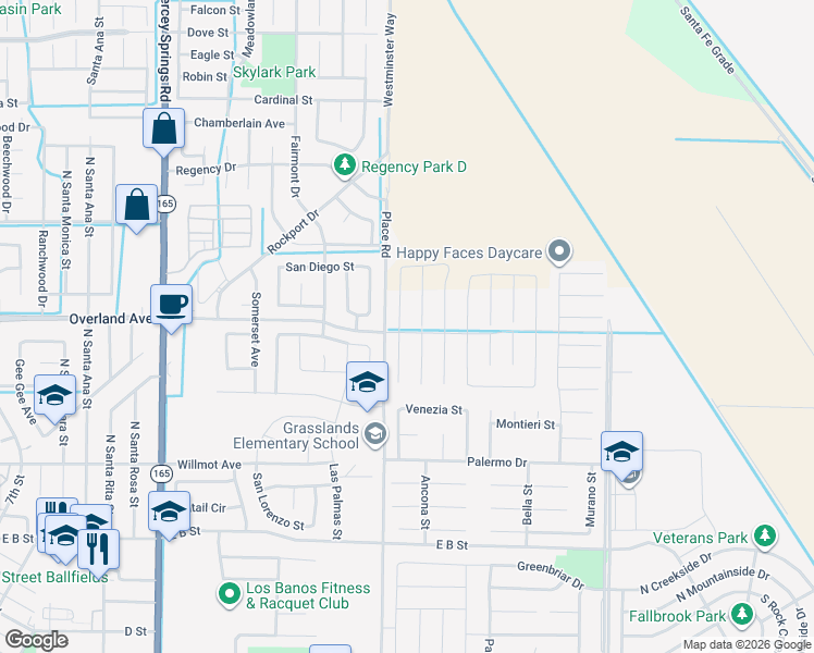 map of restaurants, bars, coffee shops, grocery stores, and more near 412 Barrett Lane in Los Banos