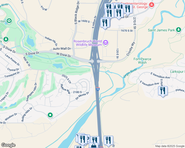 map of restaurants, bars, coffee shops, grocery stores, and more near 134 West 2025 South in St. George