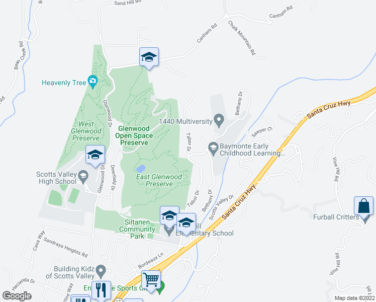 map of restaurants, bars, coffee shops, grocery stores, and more near 625 Tabor Drive in Scotts Valley