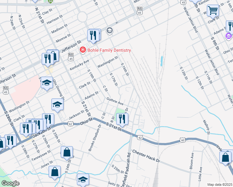 map of restaurants, bars, coffee shops, grocery stores, and more near 1800-1836 Adams St in Paducah