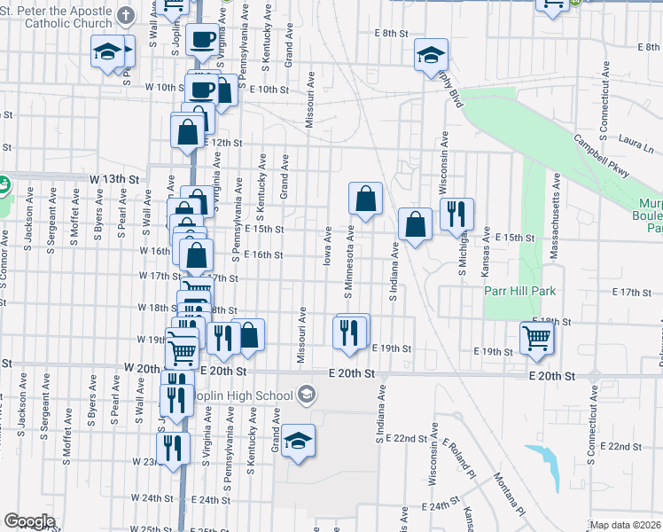 map of restaurants, bars, coffee shops, grocery stores, and more near 1531 Iowa Avenue in Joplin