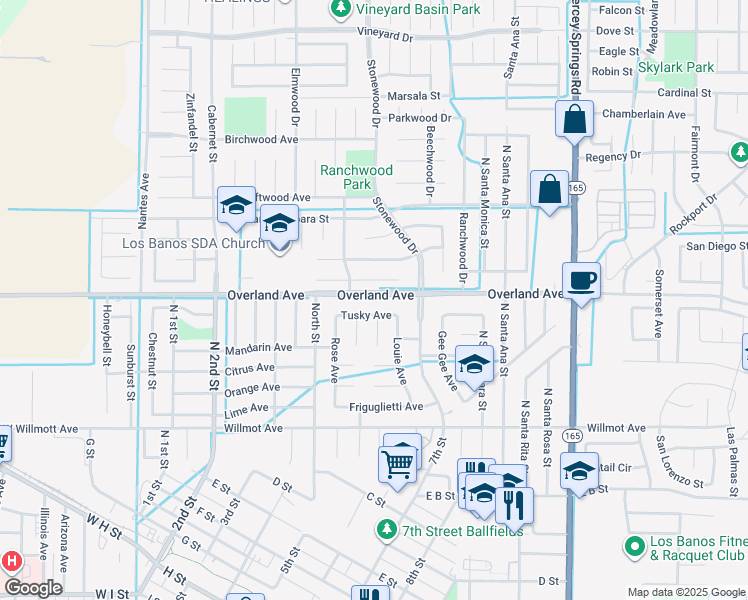 map of restaurants, bars, coffee shops, grocery stores, and more near 727 Kirkwood Court in Los Banos