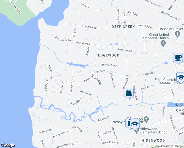 map of restaurants, bars, coffee shops, grocery stores, and more near 347 Barclay Road in Newport News