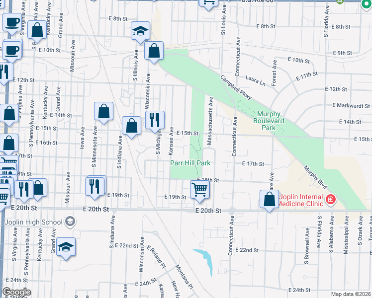 map of restaurants, bars, coffee shops, grocery stores, and more near 1505 East 16th Street in Joplin
