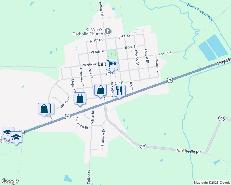 map of restaurants, bars, coffee shops, grocery stores, and more near 146 West Kentucky Drive in La Center