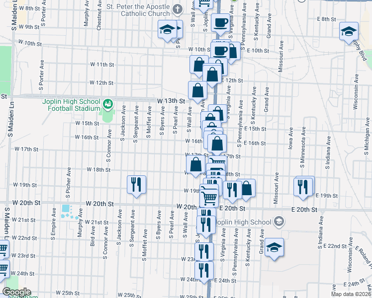 map of restaurants, bars, coffee shops, grocery stores, and more near 1604 S Wall Ave in Joplin