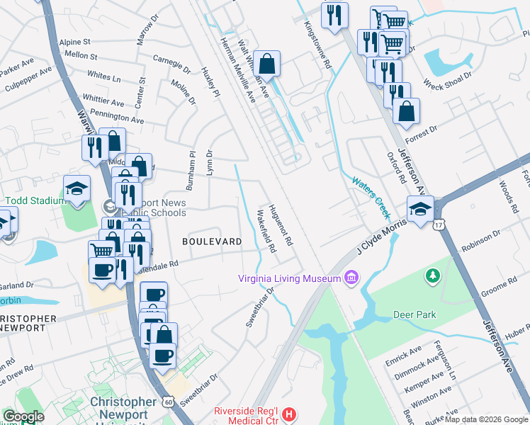 map of restaurants, bars, coffee shops, grocery stores, and more near 1 Wakefield Road in Newport News