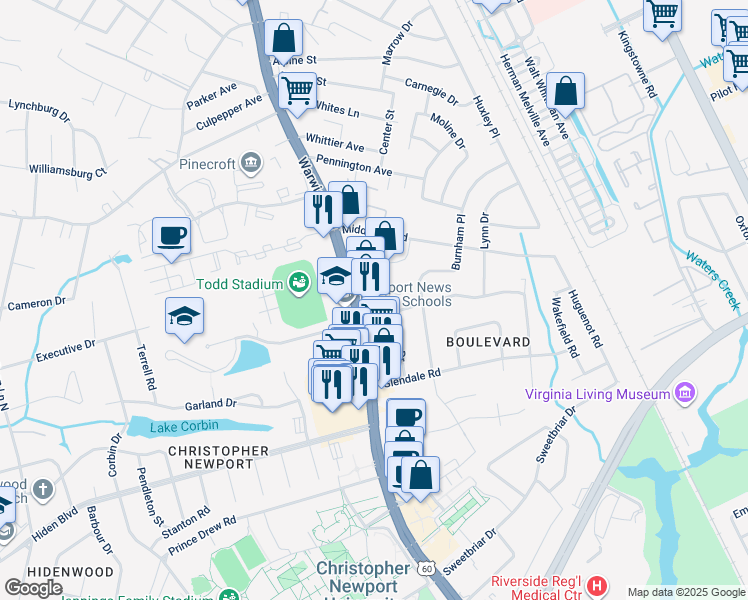 map of restaurants, bars, coffee shops, grocery stores, and more near 10 Martin Road in Newport News