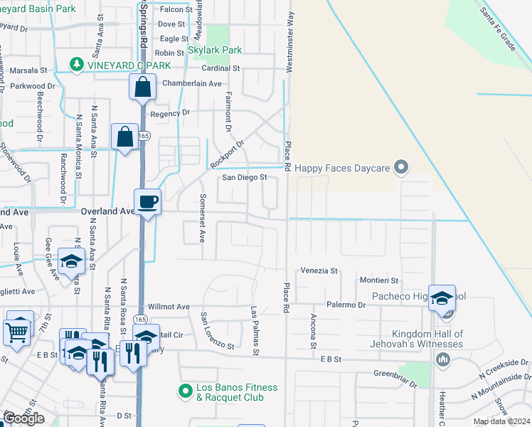 map of restaurants, bars, coffee shops, grocery stores, and more near 1509 La Purisma Street in Los Banos