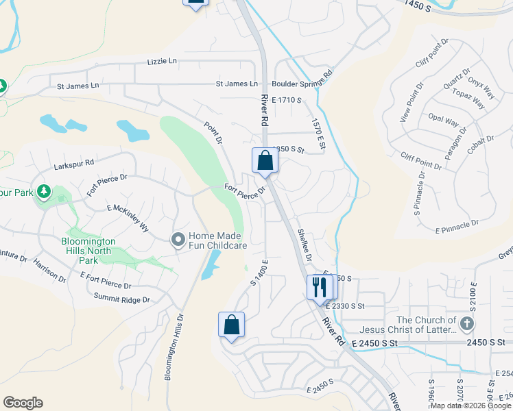 map of restaurants, bars, coffee shops, grocery stores, and more near 2050 South 1400 East in St. George