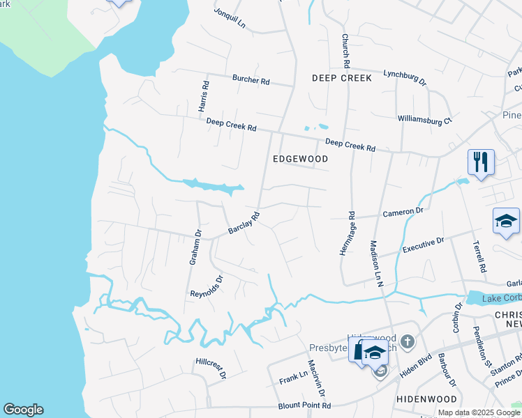map of restaurants, bars, coffee shops, grocery stores, and more near 272 Barclay Road in Newport News
