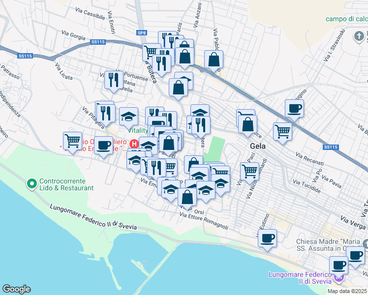 map of restaurants, bars, coffee shops, grocery stores, and more near 58A Via Cicerone in Gela