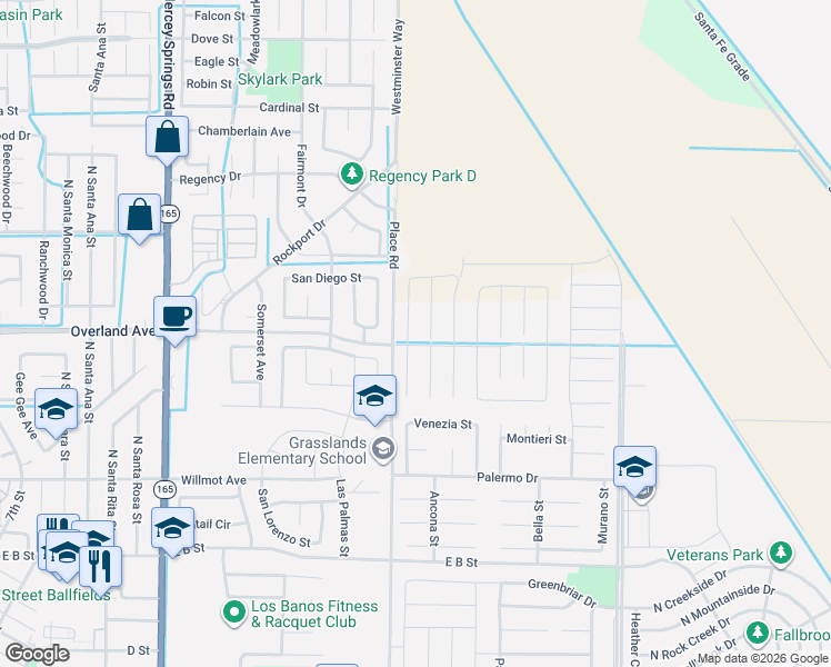 map of restaurants, bars, coffee shops, grocery stores, and more near 416 Barrett Lane in Los Banos