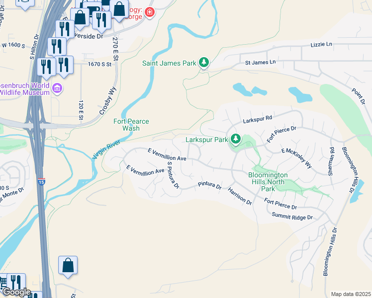 map of restaurants, bars, coffee shops, grocery stores, and more near 2164 Allison Row in St. George