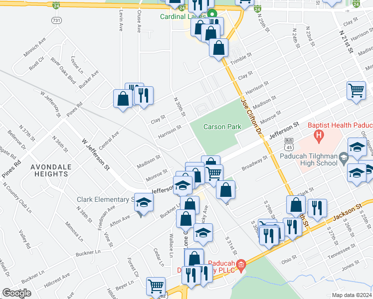 map of restaurants, bars, coffee shops, grocery stores, and more near 320 North 31st Street in Paducah