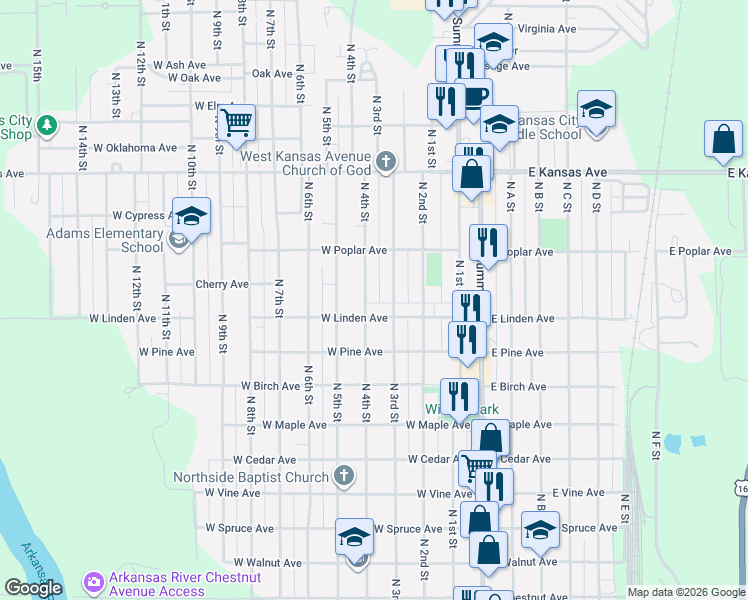 map of restaurants, bars, coffee shops, grocery stores, and more near 1042-1102 North 4th Street in Arkansas City