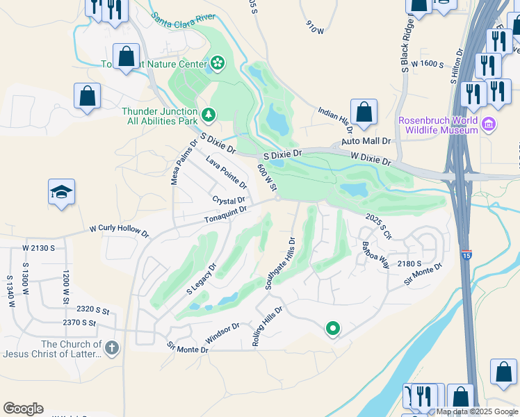 map of restaurants, bars, coffee shops, grocery stores, and more near 639 West Uxbridge Drive in St. George