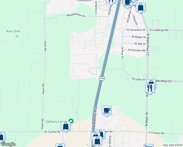 map of restaurants, bars, coffee shops, grocery stores, and more near West Laverne Drive in Nixa