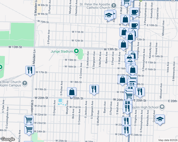 map of restaurants, bars, coffee shops, grocery stores, and more near 1615 South Jackson Avenue in Joplin