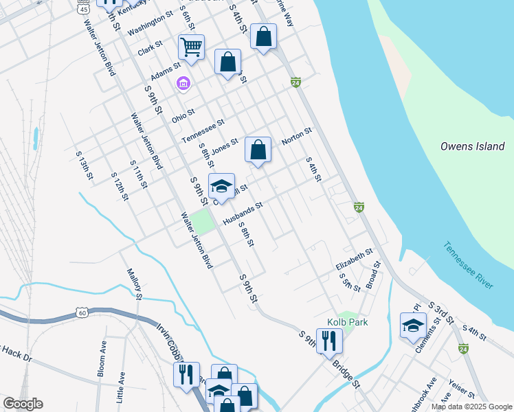map of restaurants, bars, coffee shops, grocery stores, and more near 699 Husbands Street in Paducah
