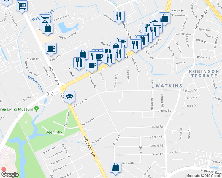 map of restaurants, bars, coffee shops, grocery stores, and more near 60 Robinson Drive in Newport News