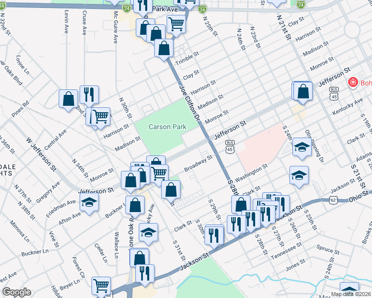map of restaurants, bars, coffee shops, grocery stores, and more near 2919 Jefferson Street in Paducah