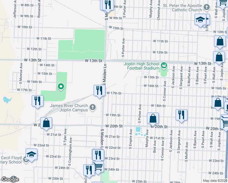 map of restaurants, bars, coffee shops, grocery stores, and more near 1503 West 17th Street in Joplin