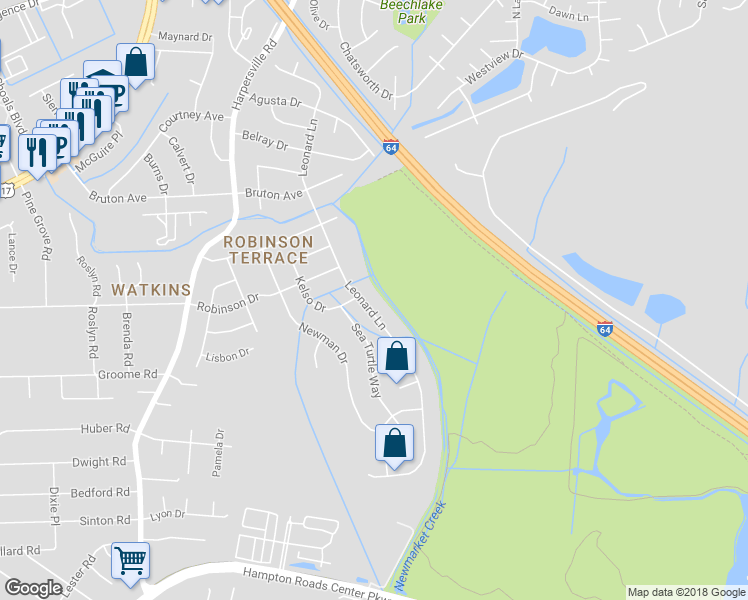 map of restaurants, bars, coffee shops, grocery stores, and more near 632 Leonard Lane in Newport News