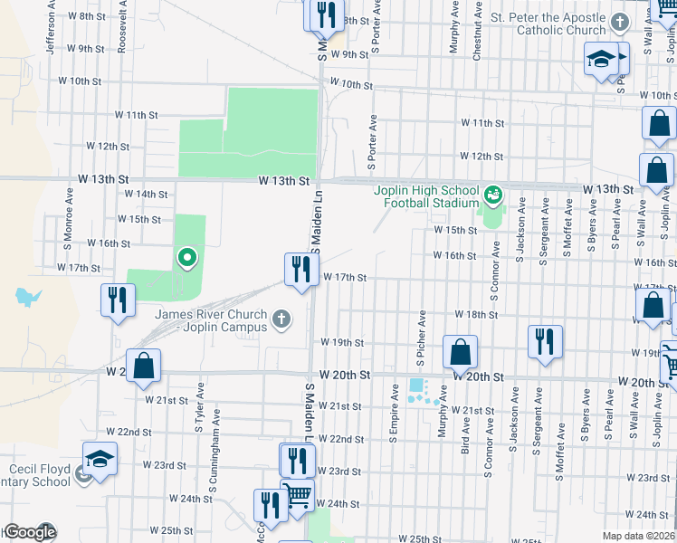 map of restaurants, bars, coffee shops, grocery stores, and more near 1503 West 17th Street in Joplin
