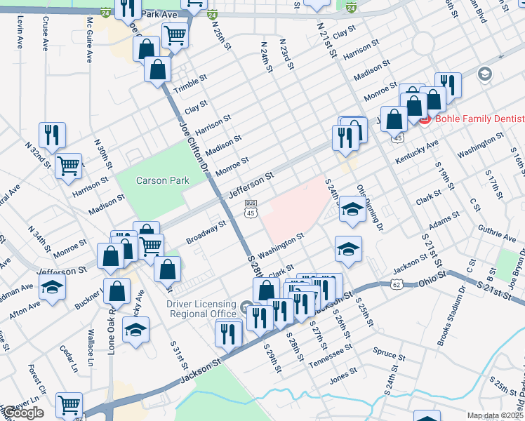 map of restaurants, bars, coffee shops, grocery stores, and more near 2620 Broadway Street in Paducah