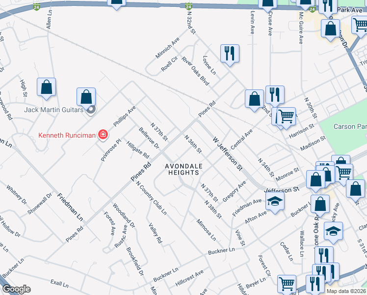 map of restaurants, bars, coffee shops, grocery stores, and more near 658 North 36th Street in Paducah