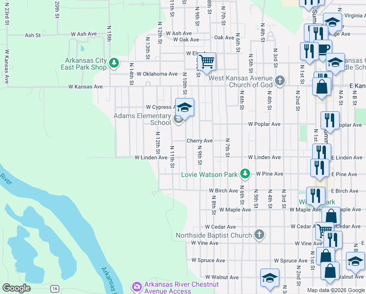 map of restaurants, bars, coffee shops, grocery stores, and more near 1025 North 10th Street in Arkansas City
