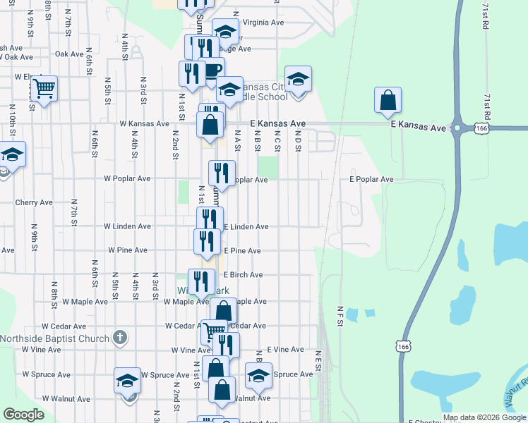 map of restaurants, bars, coffee shops, grocery stores, and more near 1018 North B Street in Arkansas City