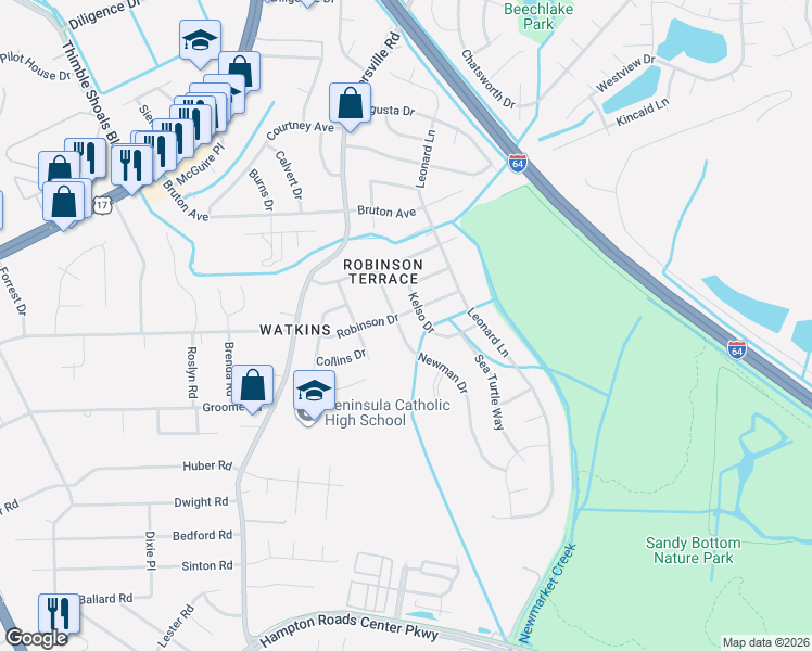map of restaurants, bars, coffee shops, grocery stores, and more near 238 Robinson Drive in Newport News