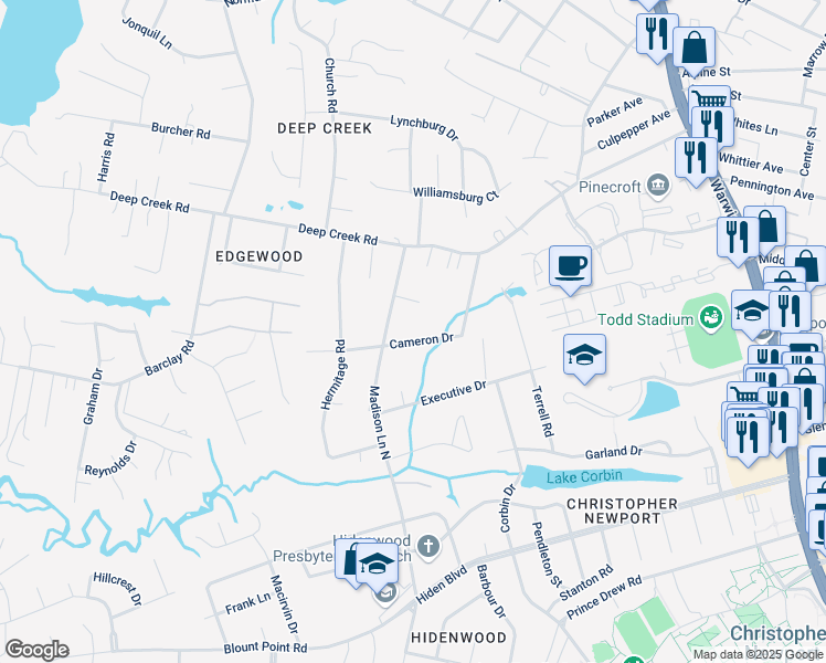 map of restaurants, bars, coffee shops, grocery stores, and more near 51 Cameron Drive in Newport News
